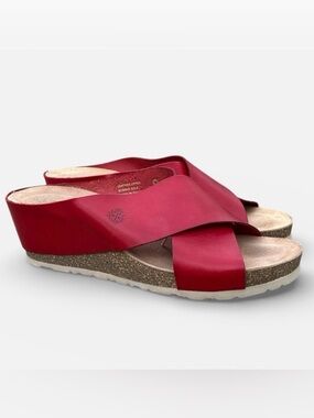 Yokono Candela Leather Criss Cross Cork Wedge Slip On Sandal in Red Sz 8